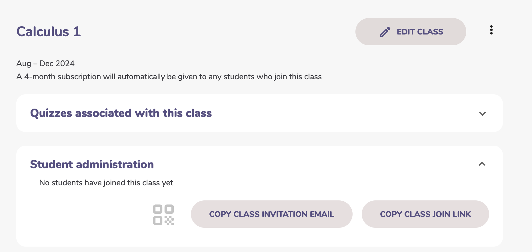 Class administration screen with join options